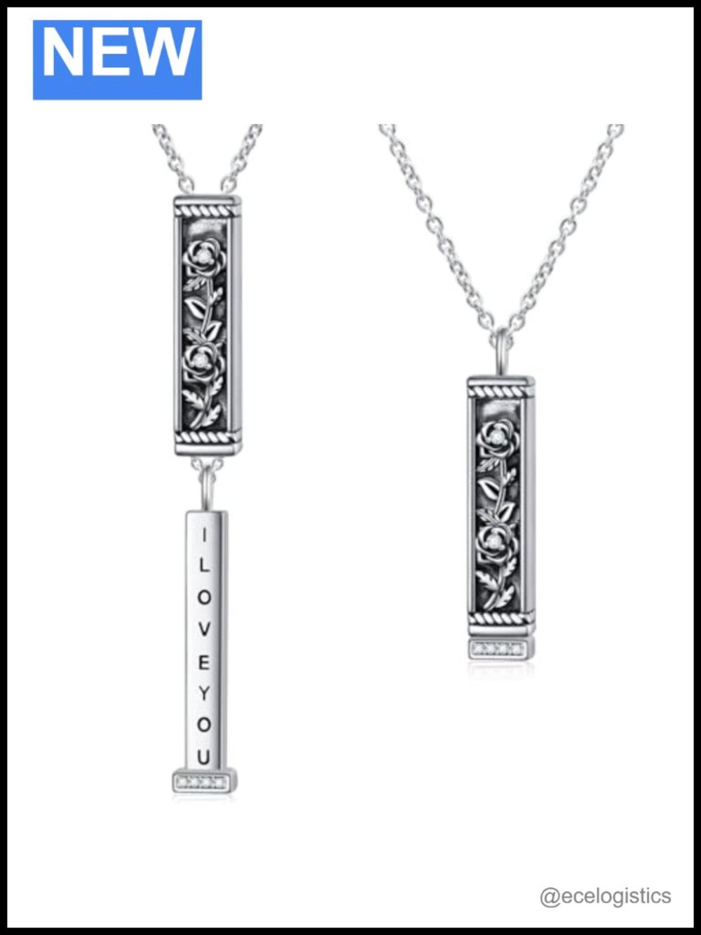 Sterling Silver Oxidized Flower Vertical Bar Necklace Hidden Message Pendant